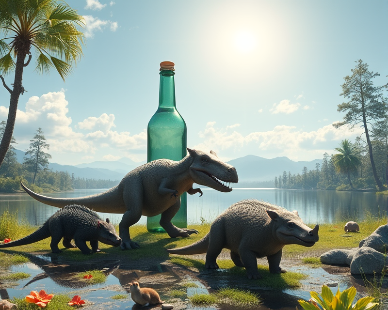 lake, bottle, dinosaur, anteater, monkey, mickey mouse